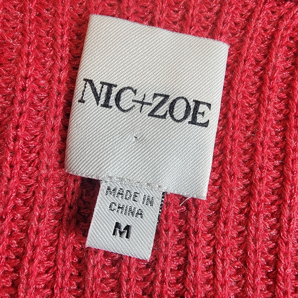 Nic+Zoe Deep Red Knit Cardigan M Tulle Fringe Cuffs Pearl Buttons Statement - Picture 2 of 13